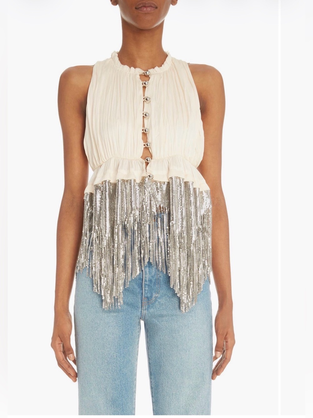 Rabanne Asymmetric Metallic Fringe Shirred Sleeveless Top 38/6